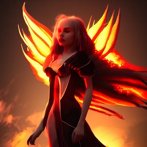 Prompt: young vampire princess with burning wings 4 k high definition gorgeous dramatic lighting artstation trending path traced contrast light and dark cinematic breathtaking by christensen, james c.