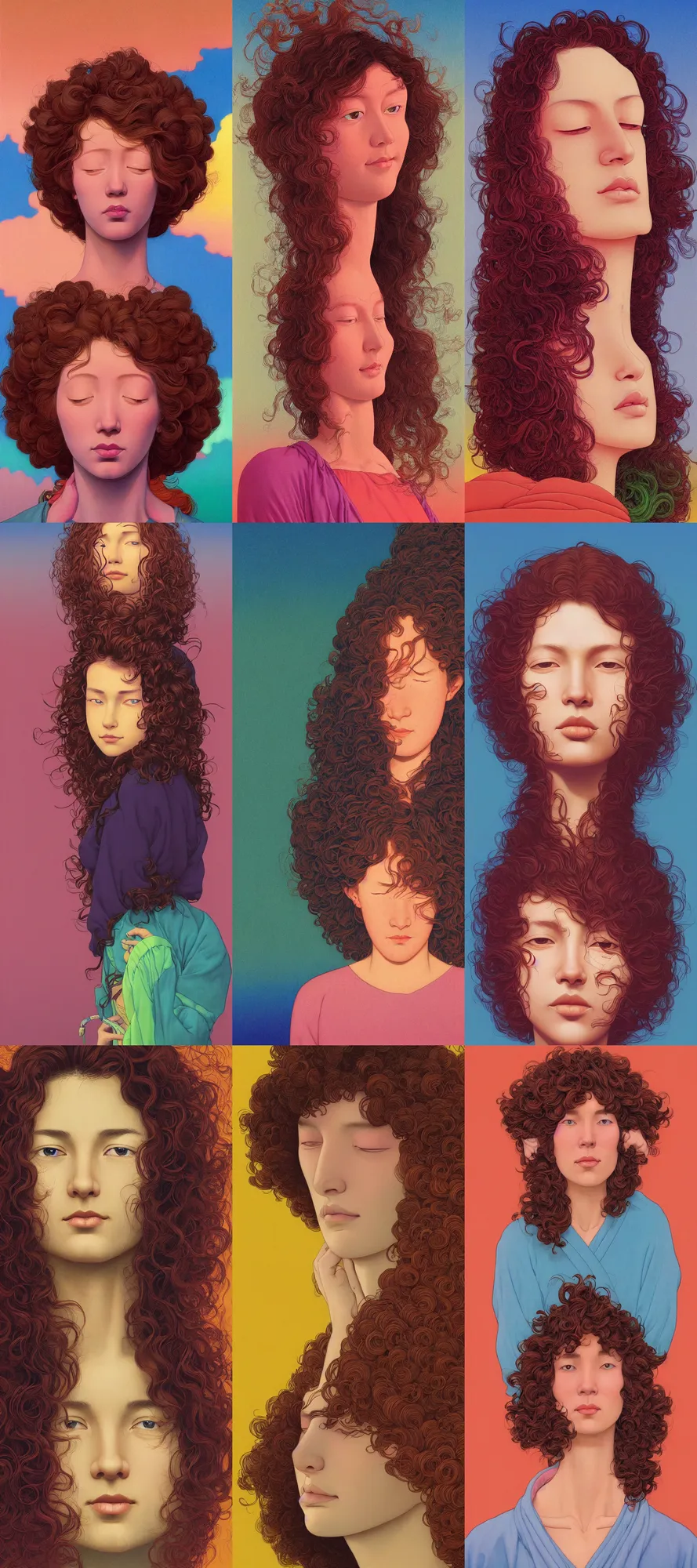 Prompt: a colorful vibrant closeup portrait of a simple caucasian woman with curly mid length brown hair with a calm afraid aesthetic face dreamy dreamy vibes and dreaming psychedelic hair, by kawase hasui, moebius, edward hopper and james gilleard, zdzislaw beksinski, steven outram colorful flat surreal design, hd, 8 k, artstation