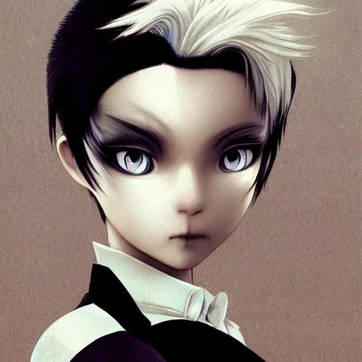 Image similar to Yoshitaka Amano realistic illustration of an anime girl with short white hair and black eyes wearing tuxedo, black and white battle background from Earthbound game, film grain effect, highly detailed, Renaissance oil painting