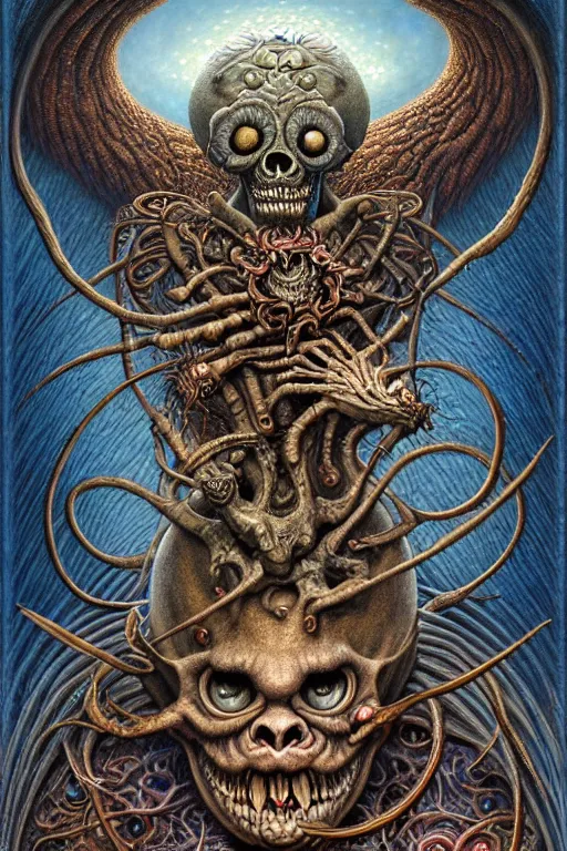 Image similar to A beautiful detailed grotesque monster super cute tarot card, by tomasz alen kopera and Justin Gerard, symmetrical features, ominous, magical realism, texture, intricate, ornate, royally decorated, mechanic, skeleton, whirling smoke, embers, blue red and dark silk fine lines adornements, blue torn fabric, radiant colors, fantasy, trending on artstation, volumetric lighting, micro details, 3d sculpture, ray tracing, 8k, anaglyph effect, digital art