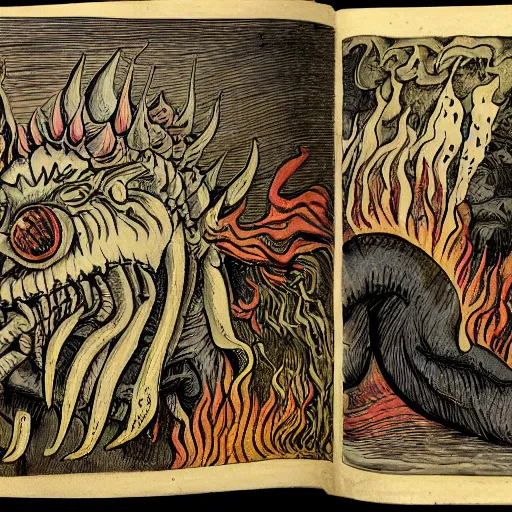 Image similar to bizarre bestiary of repressed emotional monsters and creatures starting a fiery revolution in the psyche