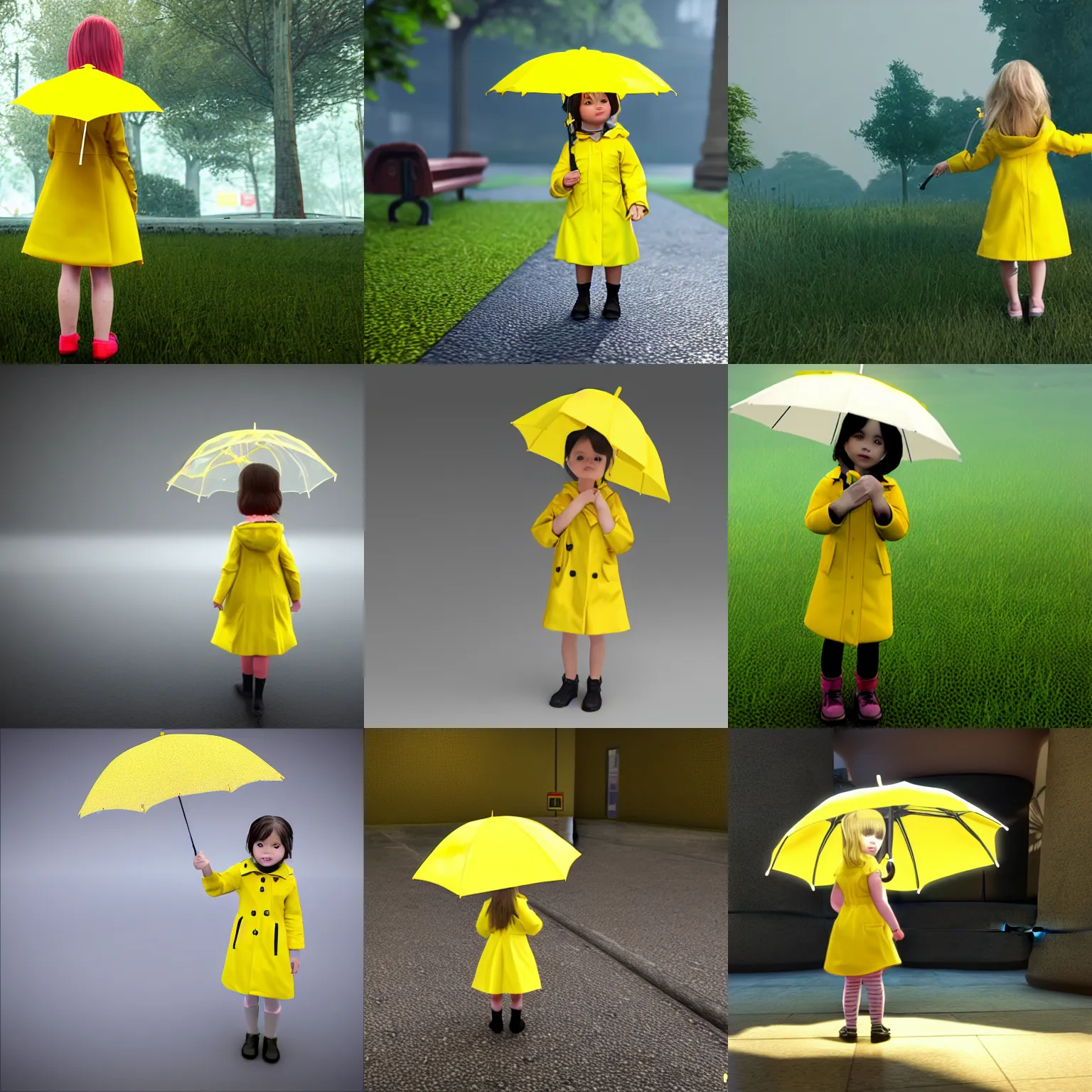 Prompt: A little girl in a yellow raincoat, wearing a transparent umbrella. Front view, Unreal Engine.