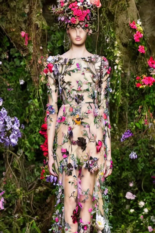 Image similar to beautiful model wearing valentino 2 0 1 4 cyber floral patterned layered dress fashion outfit, jeweled headpiece mystical crown, bright ruins environment background overgrown with flowers