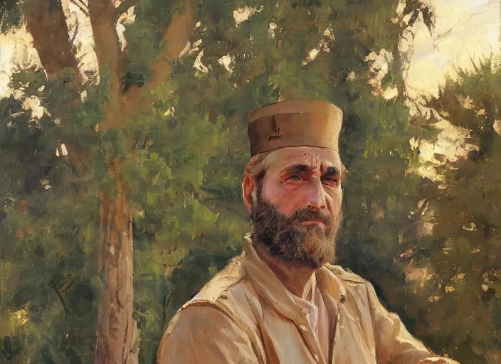 Image similar to a highly detailed beautiful portrait of the king of lebanon among cyprus trees, by gregory manchess, james gurney, james jean