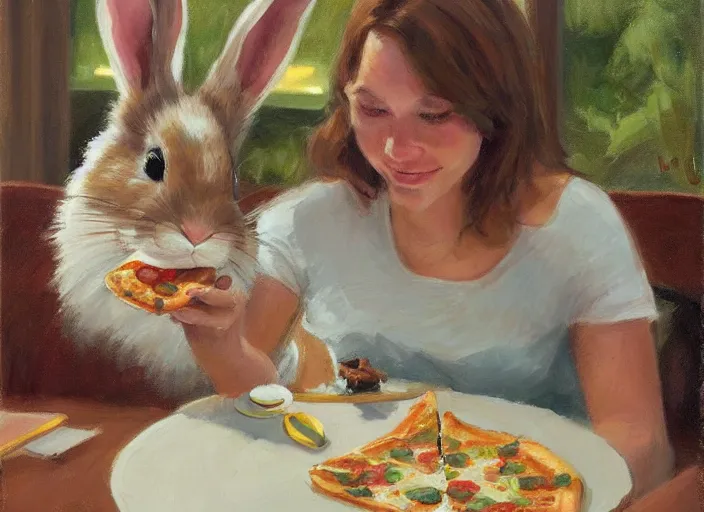 Image similar to a highly detailed beautiful portrait of a bunny at a restaurant, eating pizza, candle lit dinner, by gregory manchess, james gurney, james jean