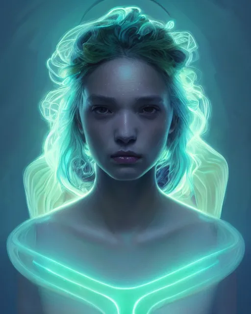 Image similar to one singular portrait of a sad bioluminescent creature, highly detailed, digital painting, cinematic, hyper realism, dark retrowave, art by stanley lau and artgerm and magali villeneuve and alphonse mucha, artstation, octane render, cgsociety