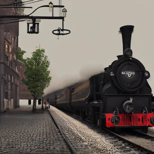 Image similar to a black steam locomotive pulling a train into a Victorian era crowded train station, slight fog, highly detailed, octane render, unreal engine 5