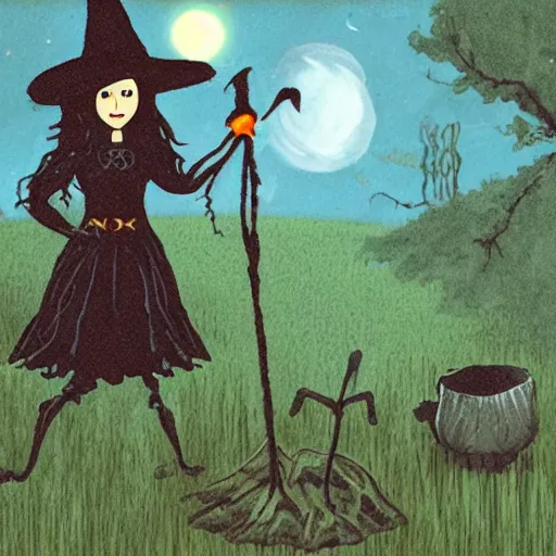 Prompt: Witch in swamp hexing near cauldron at night