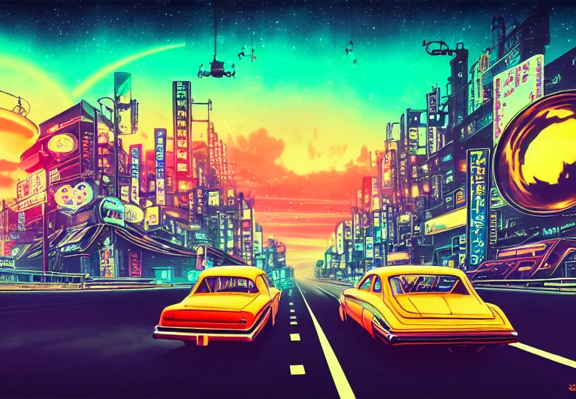 Image similar to old cars go along road away in neo - tokyo, sinthwave, steampunk, neon, magic colorful sky, magic lights, magic stars, magic sunset, big bright planet saturn in sky, realism, ultra detailed, 1 9 6 0 years, 8 k