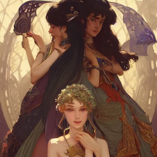 Image similar to portrait of Rem & Ram as actual girls, D&D, fantasy, intricate, elegant, highly detailed, digital painting, artstation, concept art, smooth, sharp focus, illustration, art by artgerm and greg rutkowski and alphonse mucha