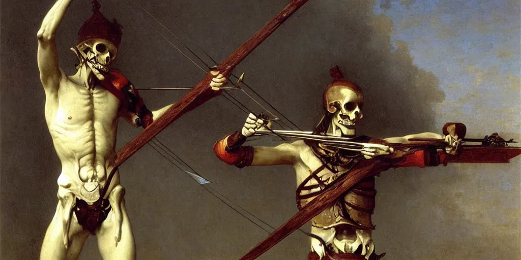 Image similar to portrait of a skeleton archer with big sword, wearing helmets and armor with wings, symmetrical, solemn, sacred, aura, by bouguereau