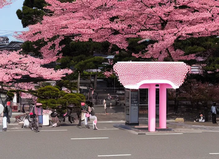 Prompt: a bus stop in kyoto where cherry blossoms bloom a warm pink color pixel art.