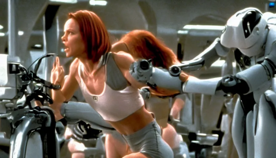 Prompt: The matrix, LeeLoo, Starship Troopers, Olivia Pope, 1990's Olympics footage, Sprinter athletes recovering from a race, tuning their mechanical legs with mechanics helping, intense moment, cinematic stillframe, dramatic lighting, The fifth element, vintage robotics, formula 1, starring Geena Davis