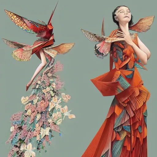 Prompt: full length view of a beautiful girl wearing an origami dress, hummingbirds, elegant, by esao andrews, by eiko ishioka, givenchy, by peter mohrbacher, centered, enchanting, floral ornamentic on cloth and hair, detailed beautiful face, high depth of field, origami, detailed fashion illustration, vogue, japanese, reallusion character creator