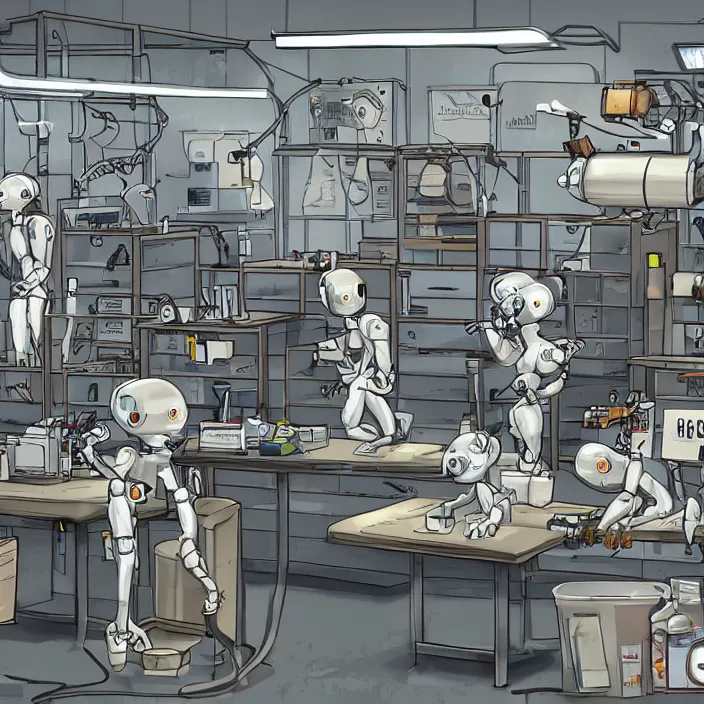 Image similar to highly detailed well organized and clean weapons laboratory, with research, robot arms, tables, parts, windows, with anthropomorphic furry researchers, Extremely detailed digital art, sci fi, furaffinity, DeviantArt