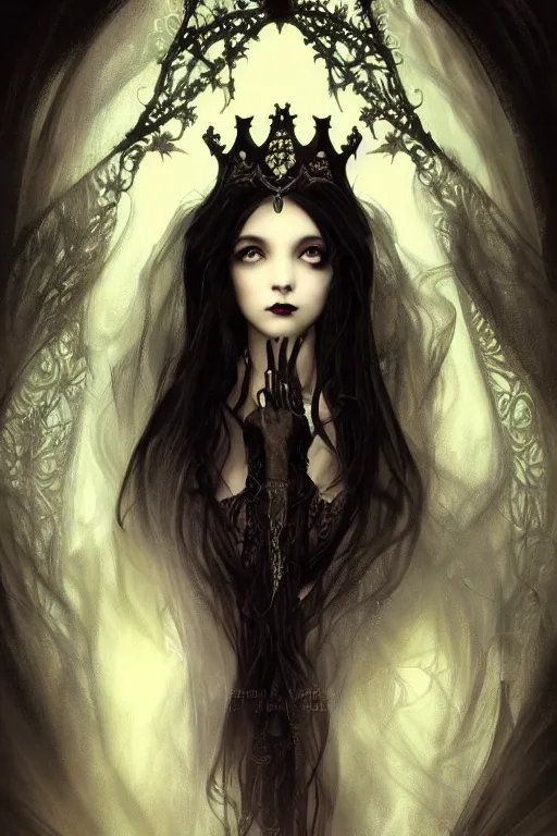 Image similar to beautiful gothic and victorian and luxury and evil young medieval dark crown princess portrait like +smoky eyes+front face with light flowing hair, ultradetail face, art and illustration by tian zi and craig mullins and miqi and alphonse mucha, fantasy, intricate complexity, human structure, human anatomy, fantasy character concept, dynamic lighting, neon light, ssci-fi, watermark, blurry, hyperrealism 8k