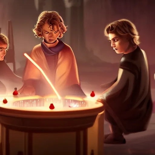Prompt: Anakin Skywalker having a game night with the younglings in the temple at night, cinematic, realistic