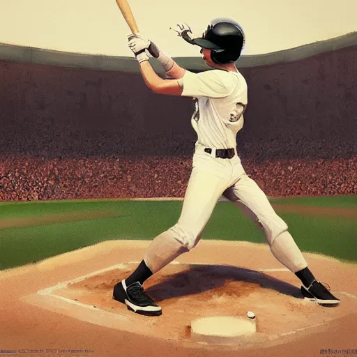 Image similar to baseball player hitting the ball with the baseball bat in the middle of the game and in front of everyone in the stadium, james gurney painting style, greg rutkowski, artstation