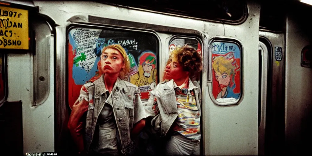 Prompt: new york subway cabin 1 9 8 0 s inside all in graffiti, woman closeup, coloured film photography, christopher morris photography, bruce davidson photography