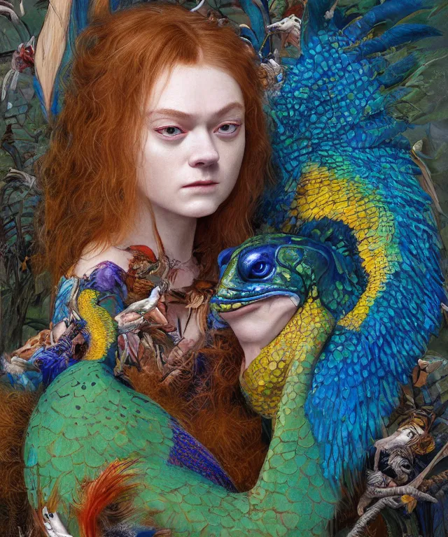 Prompt: a portrait photograph of a meditating fierce sadie sink as a colorful harpy bird super hero with blue striped skin with scales. she is transforming into a amphibian. by donato giancola, hans holbein, walton ford, gaston bussiere, peter mohrbacher and brian froud. 8 k, cgsociety, fashion editorial
