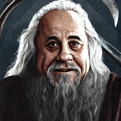 Image similar to danny devito as gandalf the white, lord of the rings, full body, high quality, wide angle, illustration, digital art