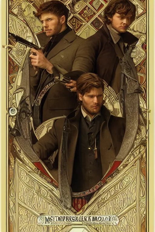 Image similar to a detailed matte portrait of jensen ackles and jared padalecki in a supernatural sherlock holmes story, masterpiece, 8 k, art by alphonse mucha and greg rutkowski