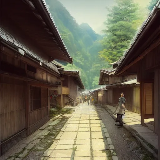 Image similar to walking around rural shirakawa - go, gifu, japan. volumetric lighting, spring late morning, nice slight overcast weather, realistic illustration, perfectly shaded, soft painting, art by krenz cushart and wenjun lin