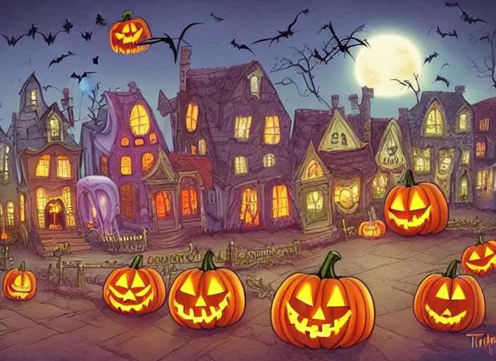Prompt: Beautiful nostalgic digital art of a Halloween Town from Tim Burtons Nightmare Before Christmas in autumn at night by Brian Kesinger and Adrian Tomin