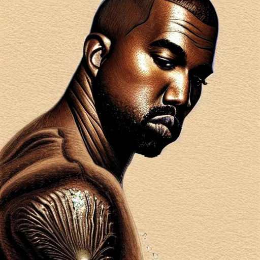 Image similar to portrait of kanye - west as a fish, with shimmering scales as skin, swimming underwater!!!, intricate, extremely detailed, digital painting, artstation, concept art, smooth, sharp focus, illustration, ambient lighting, art by artgerm and greg rutkowski and alphonse mucha and simon stalenhag