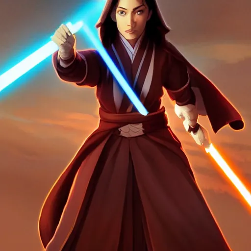 Image similar to Portrait of Azula wearing Jedi robes, Legend of Korra, Avatar the Last Airbender, Star Wars, intricate, elegant, highly detailed, digital painting, artstation, concept art, smooth, sharp focus, illustration, art by artgerm and greg rutkowski and alphonse mucha and andrei riabovitchev