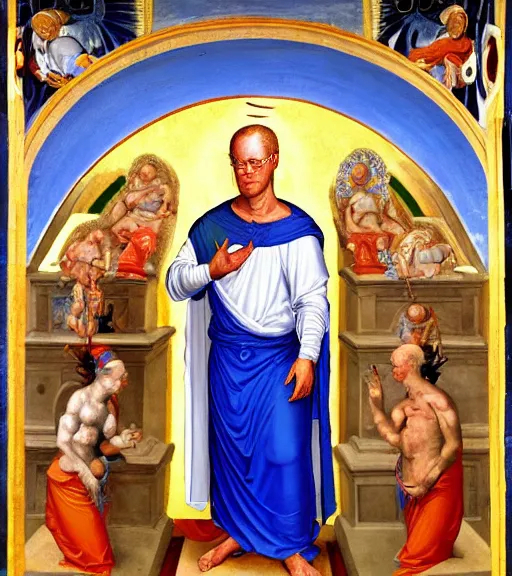 Prompt: hank hill wearing a white toga as the god of propane surrounded by blue fire and blue flames, renaissance religious painting, late gothic religious paintings, byzantine religious art, painting by duccio di buoninsegna and carlo crivelli, trending on artstation