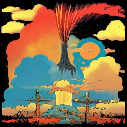 Image similar to a nuclear explosion In the style of Studio Ghibli