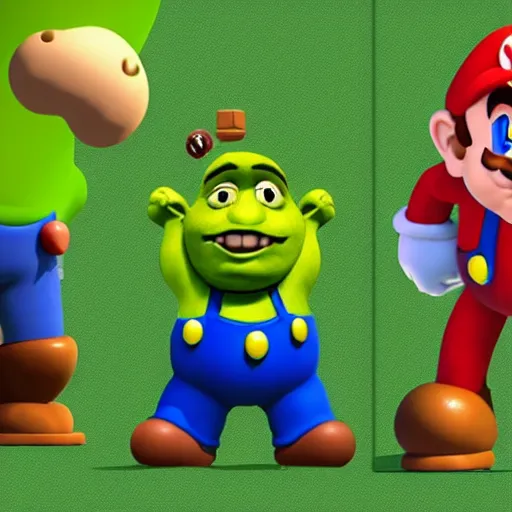 Prompt: mario vs shrek, showdown