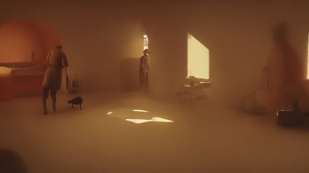 Prompt: we watch the strange creature searches for a spoon inside our kitchen, film still from the movie directed by Denis Villeneuve with art direction by Zdzisław Beksiński, wide lens, golden hour