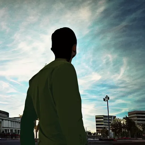 Image similar to a man standing in front of a courthouse, jury duty, bored, anger, bright green sky, digital art, backshot angle