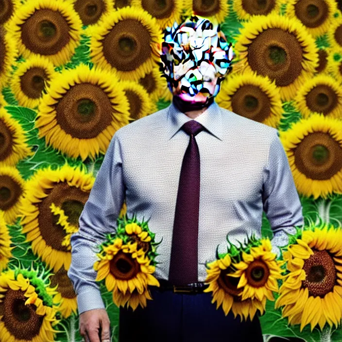 Image similar to photo portrait of Putin - sunflowers - dressed in leisure shirt with ornamental ethereal sunflower pattern, natural skin tone, raging war and explosions in the background, face is highly detailed, elegant, Realistic, Refined, Highly Detailed, natural soft pastel lighting colors scheme, fine art photography by Cecil Beaton, volumetric lighting, hyper realistic photography