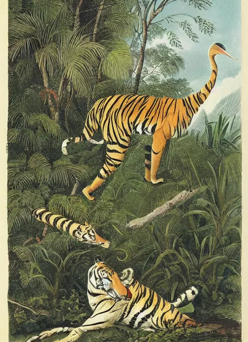 Image similar to tiger hunting a white crane, tropical plants, botanical, large exotic flowers, biology, by artist john audubon