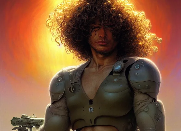 Prompt: a curly - haired persian cyborg in a sunny deserted los angeles, digital painting, artstation, concept art, sharp focus, illustration, art by artgerm, bob eggleton, michael whelan, stephen hickman, richard corben, wayne barlowe, greg rutkowski, alphonse mucha, 8 k