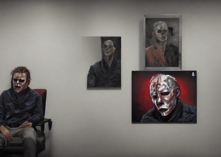 Prompt: dynamic portrait painting of Michael Myers sitting in the waiting room of an optometrist amongst other normal patients, sharp focus, face focused, trending on ArtStation, masterpiece, by Greg Rutkowski, by Ross Tran, by Fenghua Zhong, octane, soft render, oil on canvas, decorated wall with pictures of eyes, moody lighting, high contrast, cinematic