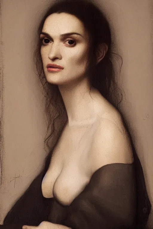 Image similar to portrait en buste of rachel weisz by johannes vermeer, baroque, dark moody colors, intricate, highly detailed, artstation, illustration