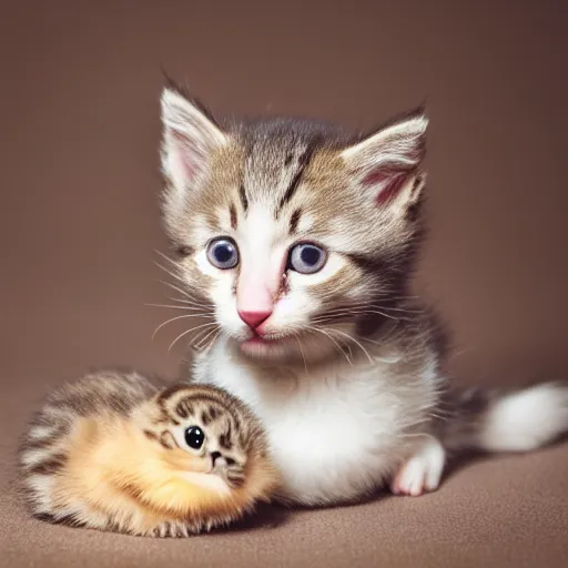 Image similar to 35mm macro shot a kitten bathing with a baby duck, studio lighting