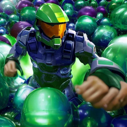 Prompt: Jesus playing in a ball pit with Master Chief from the Halo Franchise. There are balls flying around everywhere and eyes peeking out from in between the balls in the pit. Award winning photograph, HD