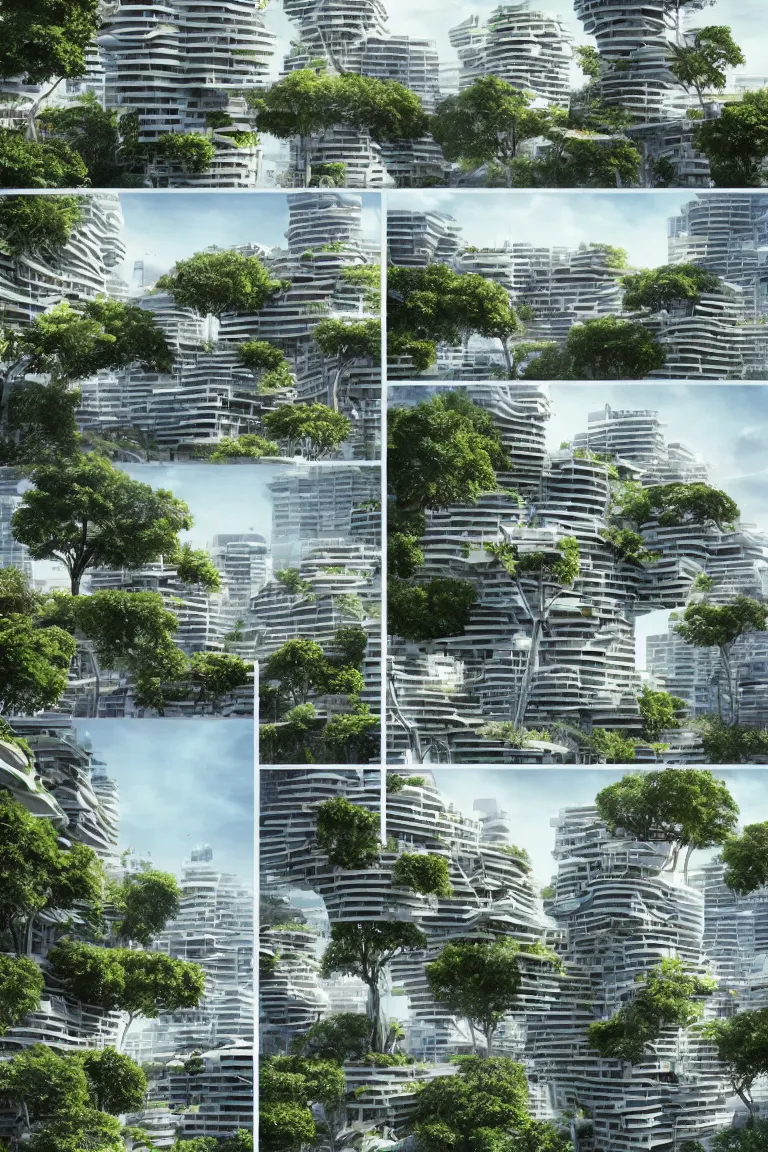 Image similar to 5 - panel comic page layout. crowd talking about sustainable futuristic building in a urban setting. ultrarealistic matte painting on white page. the building has many deep and tall balconies covered in plants and trees. thin random columns, large windows, deep overhangs. plants hang from balconies. greeble articulated details with plants. 8 k, uhd.