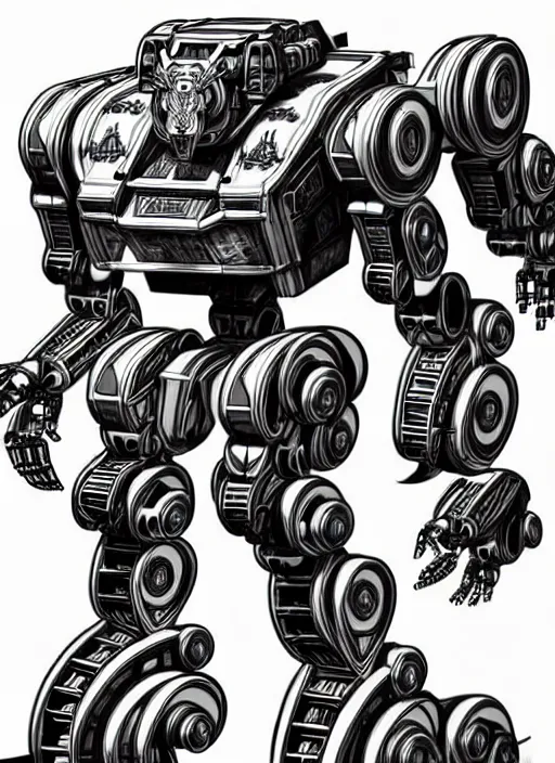 Prompt: very technical and detailed blueprint of a robot tiger, center frame, side view intricate details, ultra - detailed, baroque style, illustration, desaturated, concept art, in the style of battletech, zoids, voltron