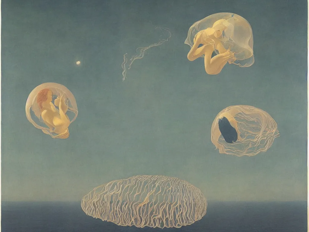 Prompt: Woman inside a jellyfish floating in the sky. Obsidian hills. Rene Magritte, Jean Delville, Max Ernst, Maria Sybilla Merian