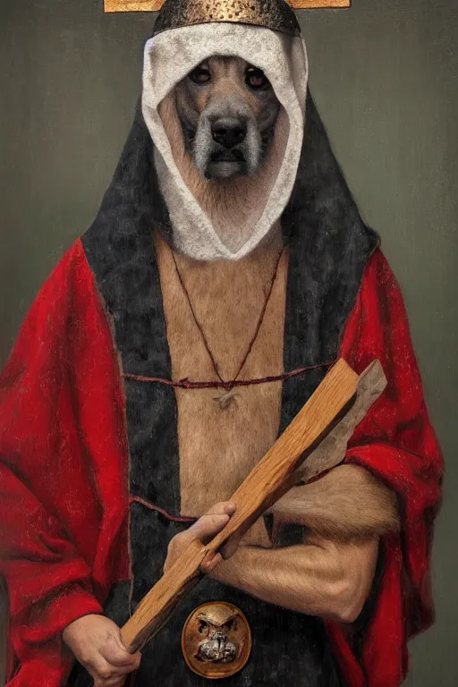 Image similar to Slavic dog head man, woolen torso in medieval clothes, Orthodox Saint Christopher, oil painting, hyperrealism, beautiful, high resolution, trending on artstation, with an axe,