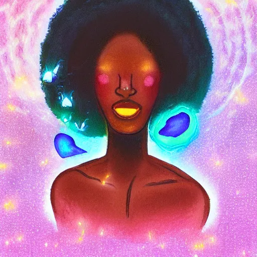 Prompt: dark skinned woman merging with a mushroom, fireflies, vivid colours, ultra realistic, high detailed, fungus, transformation, hybrid