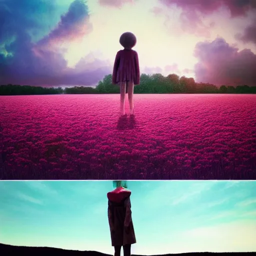 Image similar to head made of carnations flower, girl standing in a vast flower field, surreal photography, sunrise dramatic light, impressionist painting, colorful clouds, large sky, digital painting, artstation, simon stalenhag, flower face