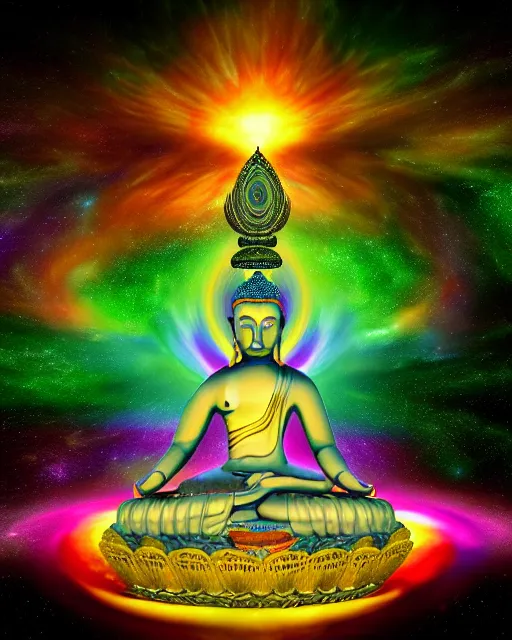 Image similar to the most beautiful star system with large brightly coloared planets, inside of an expansive cave, green tara buddha with a crown of rainbow clouds, coherent design, symmetrical, vivid color, complementary color, golden ratio, detailed, sharp lines, intricate, rainbowshift, by in unreal engine, nvidia, octane render