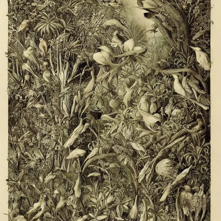 Image similar to garden with birds, by ernst haeckel :: pyrography :: very beautiful! dreamy, poetic, melancholy